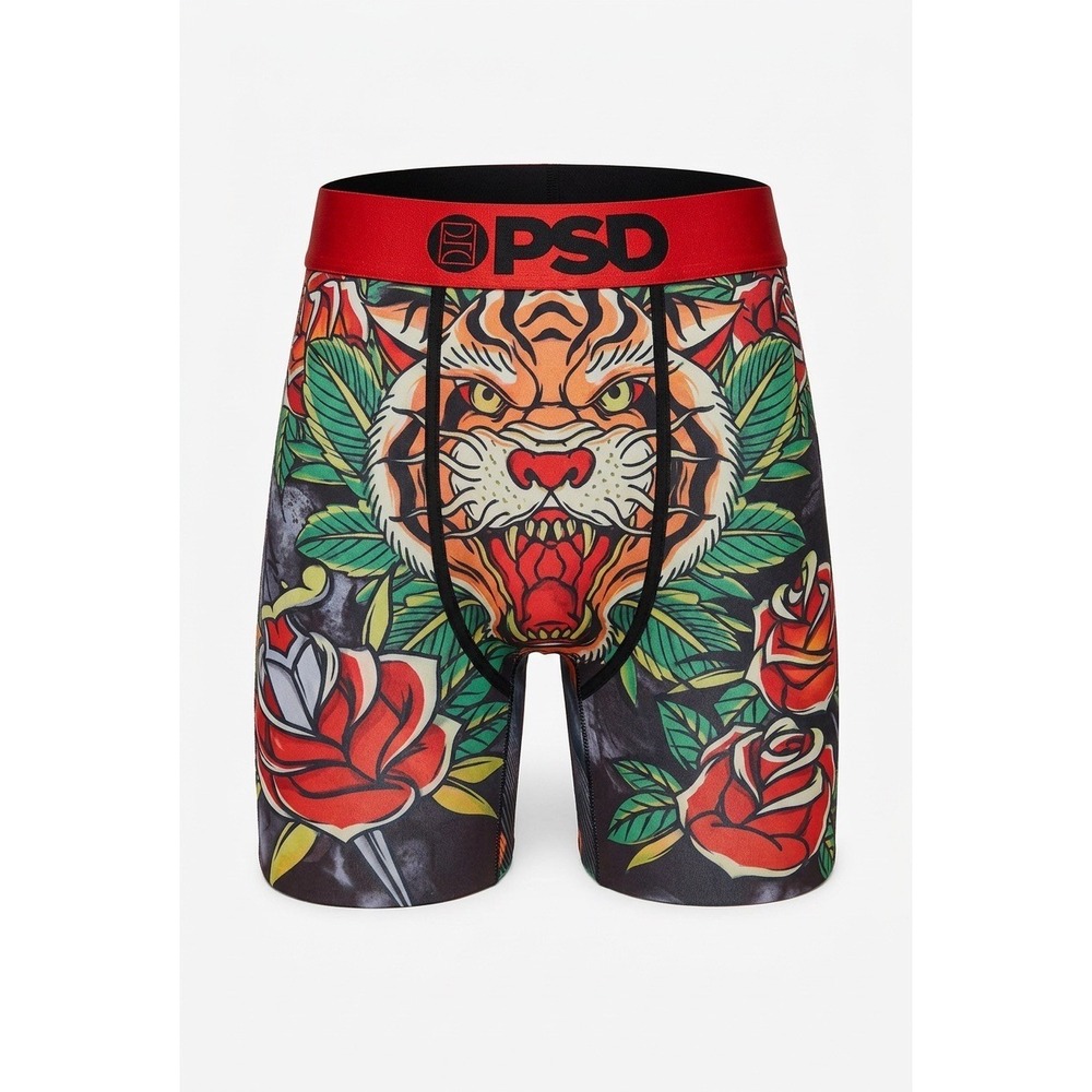 PSD Mens Tiger Strength Boxer Briefs Red Rose Tattoo Graphic Medium 7in Inseam